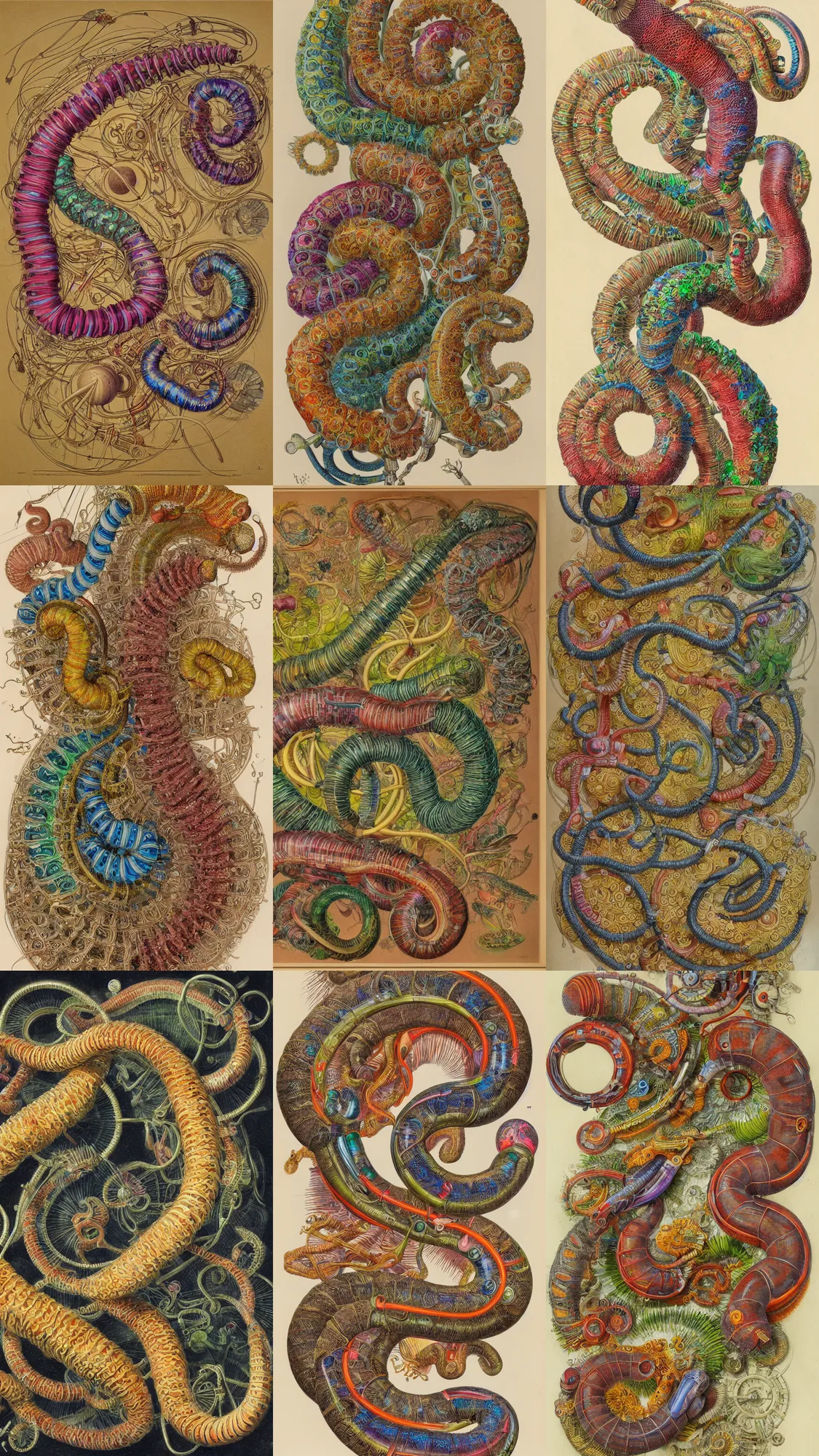Prompt: mechanical snake by ernst haeckel, botanical drawing, 4 k, 8 k, beautiful, colourful, simple