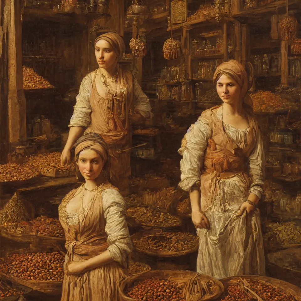 Image similar to young woman standing in a spice market at night by johann mongels culverhouse, oil on canvas, masterful intricate artwork, high detail 8 k