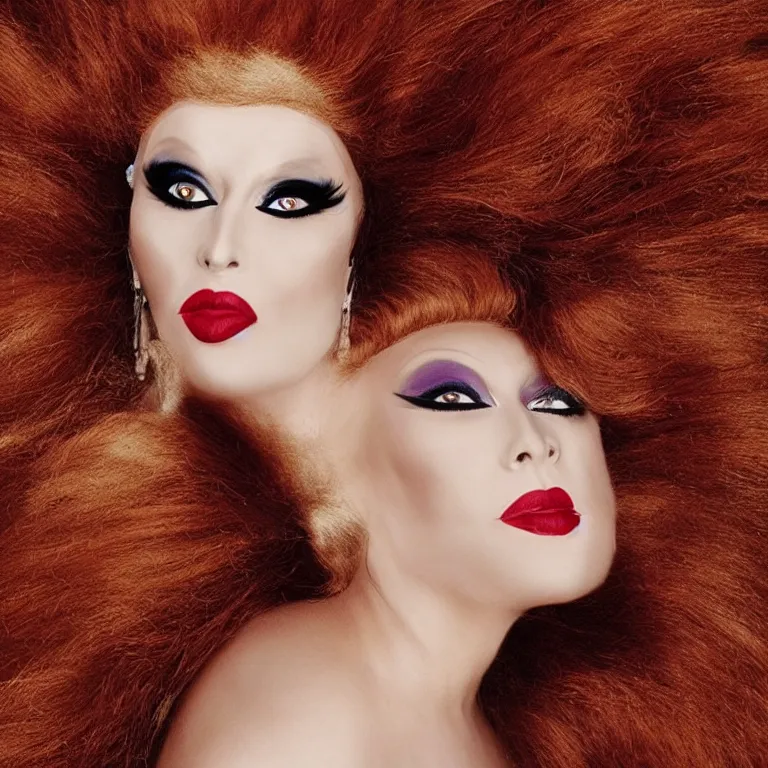 Prompt: Portrait of a glamorous gay drag queen smirking in heavy makeup and a big wig by Annie Leibovitz