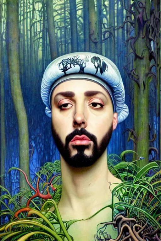 Image similar to realistic detailed face portrait painting of the Rapper SIDO with sci-fi headwear, futuristic sci-fi forest on background by Jean Delville, Amano, Yves Tanguy, Alphonse Mucha, Edward Robert Hughes, Roger Dean, rich moody colours, blue eyes