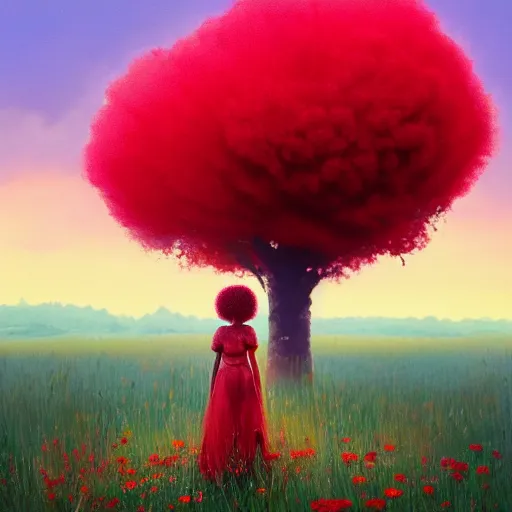 Image similar to girl with afro made of red flower, standing in a field with flowers, surreal photography, hills, big trees, sunrise dramatic light, impressionist painting, colorful clouds, digital painting, pointillism, artstation, simon stalenhag