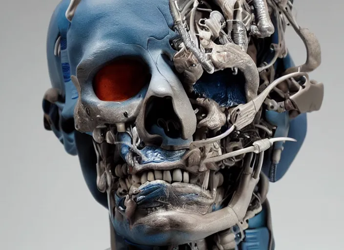 Image similar to a bust sculpture of anatomical detailed cyborg, blue blood ceramic base, studio lighting