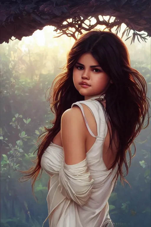 Prompt: ultra realistic illustration, selena gomez, elegant, highly detailed, digital painting, concept art, smooth, sharp focus, illustration, art by artgerm and greg rutkowski and alphonse mucha