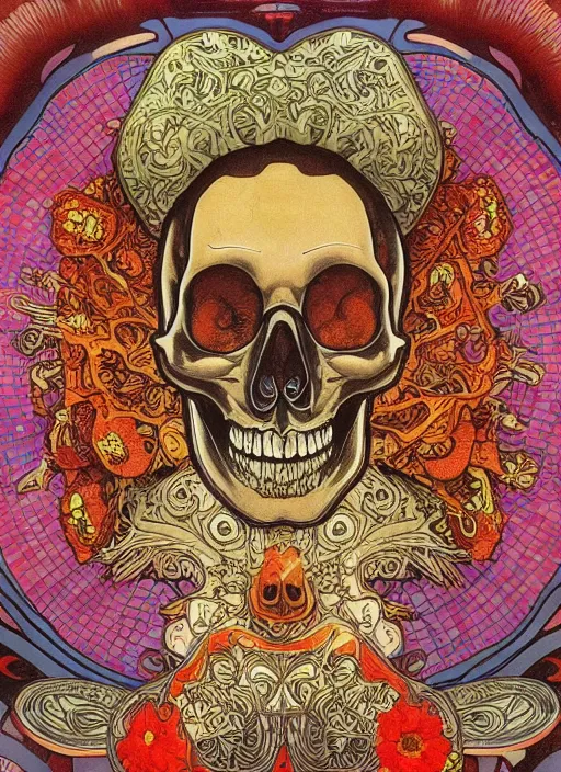 Image similar to intricate mickey mouse skull carving art, background are varities of superhot chili peppers, bhut jolokia, carolina reaper, voronoi, fibonacci sequence, by Moebius, Alphonse Mucha, hiroshi yoshida, Art Nouveau, cgsociety, complementary colour scheme, ultradetailed, vivid colour, 3d