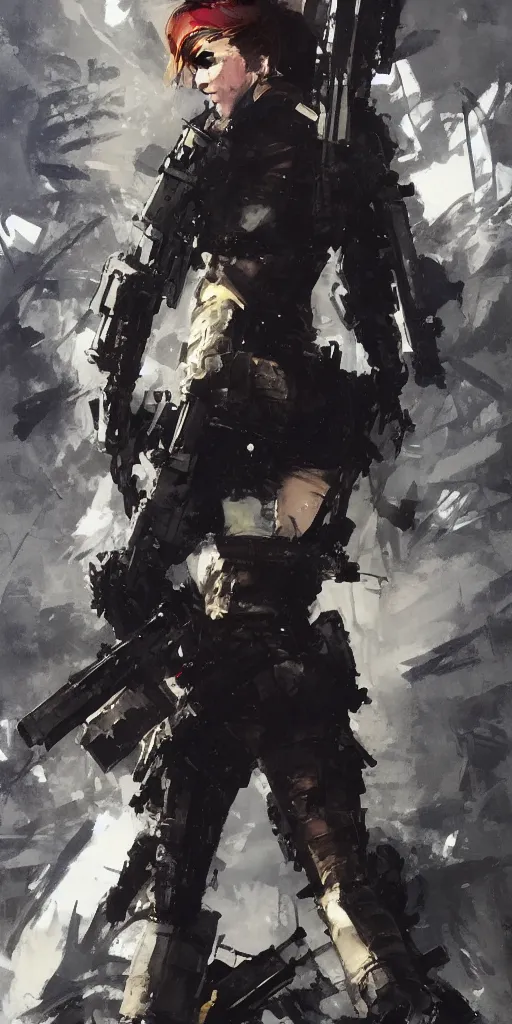 Prompt: emma watson wearing metal gear armor holding ak-47 dramatic lighting art by Yoji Shinkawa by Richard Schmid by greg rutkowski by Sandra Chevrier by Jeremy Lipking cinematic dramatic