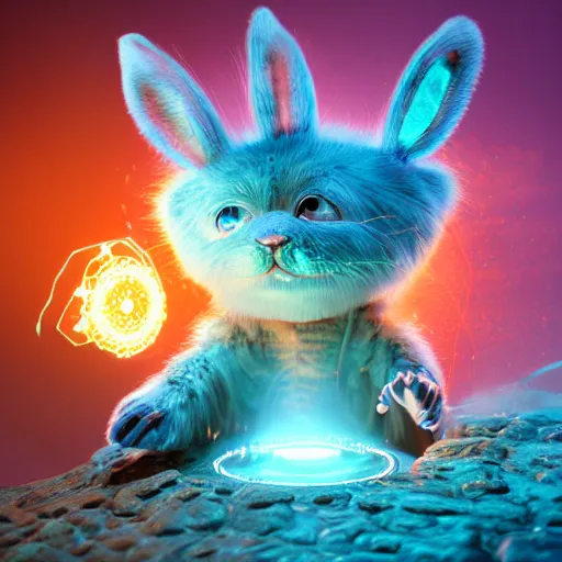 Prompt: fire mage casting a spell, expressive eyes, floating, rbc, bunny, radiolaria, protophyta, micro - organisms, center frame, symmetric, rim light, marine microbiology, bioluminescence, electric, fur, soft, concept art, intricate details, highly detailed, colorful, photorealistic, disney pixar, octane render,