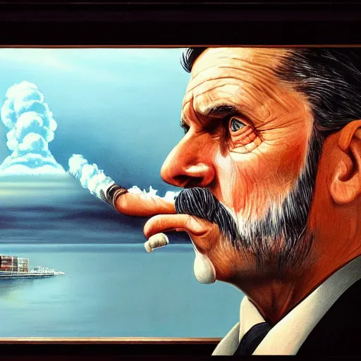 Image similar to Mr. House, realistic, highly detailed face, looks at the nuclear explosion, from the window of the Lucky 38 Casino, man smokes a cigar, ! holding in his Hand !, arm,cigarette advertising, hyperdetailed, artstation trending, ultra HD, artstation, photorealism, ultrarealistic, retro, 45mm, elegant,