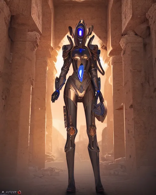 Image similar to android girl in egyptian ruins, warframe armor, atmosphere, glow, detailed, intricate, beautiful face, cinematic lighting, trending on artstation, 4 k, focused, extreme details, cinematic, masterpiece, by akihito tsukushi