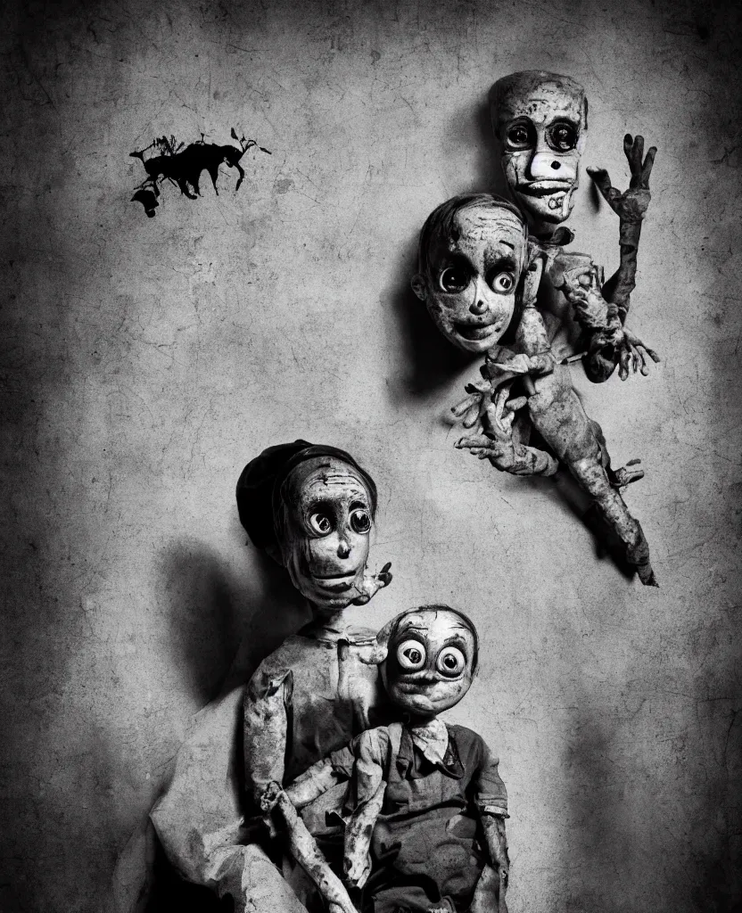 Image similar to movie poster with a creepy ventriloquist dummy in the style of roger ballen, 4 k, bw, portrait