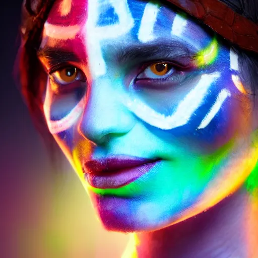 Image similar to a beautiful female indigenous warrior with futuristic face paint, neon ornamental markings, photorealistic, cinematic lighting, high resolution 4 k