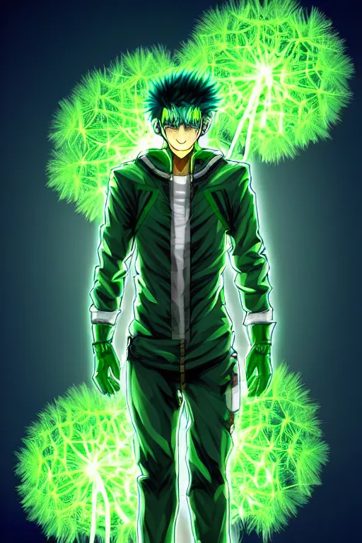 Image similar to nuke cloud dandelion male anime character, symmetrical, highly detailed, digital art, sharp focus, trending on art station, green eyes, glowing radioactive colours