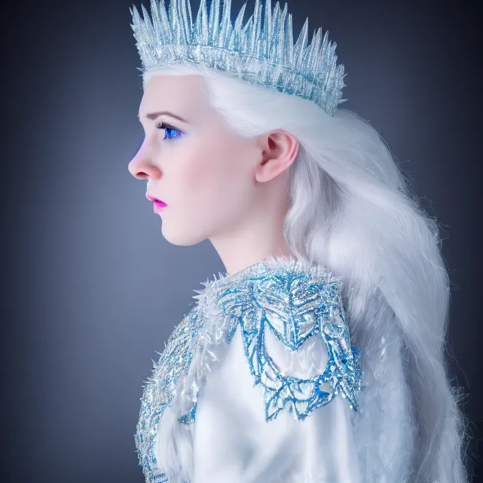 Image similar to photograph of a real-life beautiful ice queen with ornate white dress. Extremely detailed. 8k