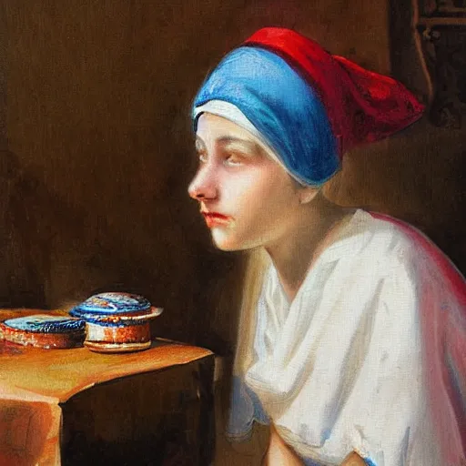 Image similar to a girl with a white headkerchief sitting alone on a birthday table looking sad high detailed painting