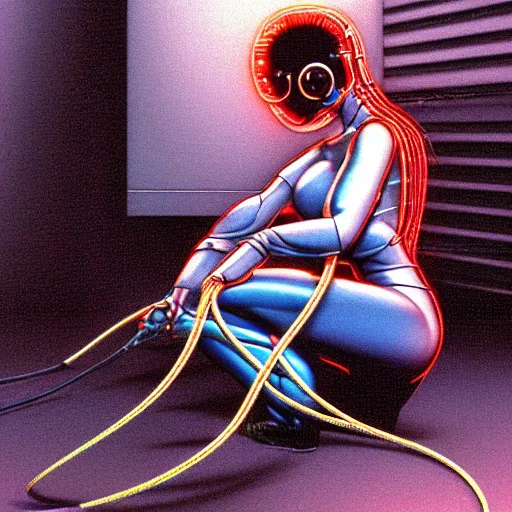 Image similar to a detailed airbrush cyberpunk illustration of a female android seated on the floor in a tech labor, seen from the side with her body open showing cables and wires coming out, by masamune shirow, hajime sorayama, boris vallejo and katsuhiro otomo, japan, 1980s, dark, colorful