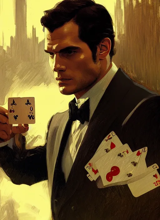 Prompt: portrait of henry cavill as james bond, casino, poker cards, highly detailed, digital painting, artstation, concept art, cinematic lighting, sharp focus, illustration, by gaston bussiere alphonse mucha