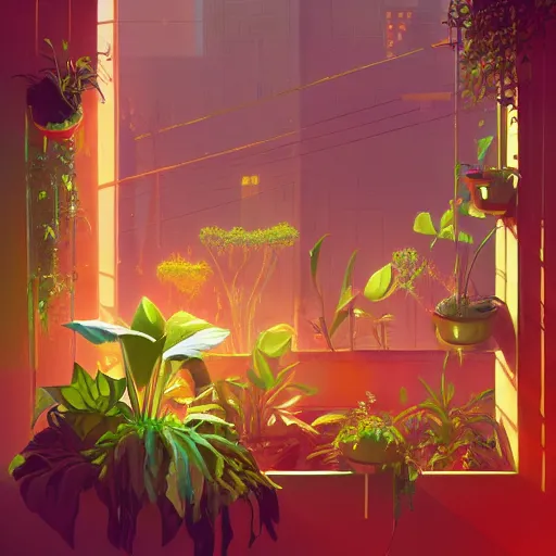 Prompt: lush solarpunk windowsill with plants on it, looking out toward a solarpunk cityscape, vignette of windowsill, detailed digital concept art by anton fadeev and marc simonetti, trending on artstation