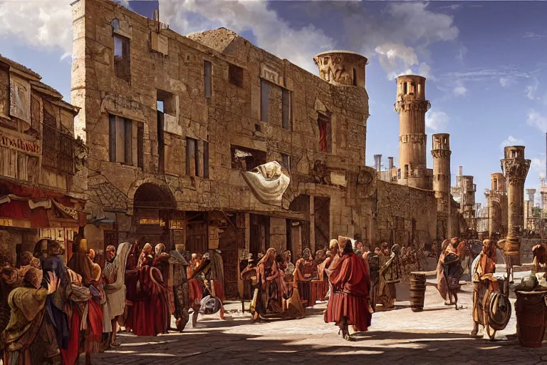 Prompt: an argument in the streets of the medieval lamphian capital port city of parossos, inspired by medieval byzantine constantinople, matte painting city street scene by james gurney and bernardo bellotto and angus mcbride, 8 k concept art