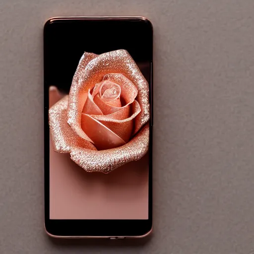 Image similar to a rose gold android phone, product picture, studio, studio light, professional, award winning photography, macro lens, 4 k