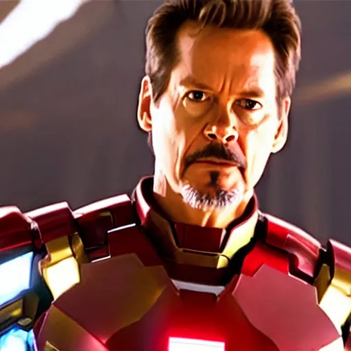 Image similar to film still of Kevin Bacon as Tony Stark in Ironman armor without the head piece in the new Avengers movie