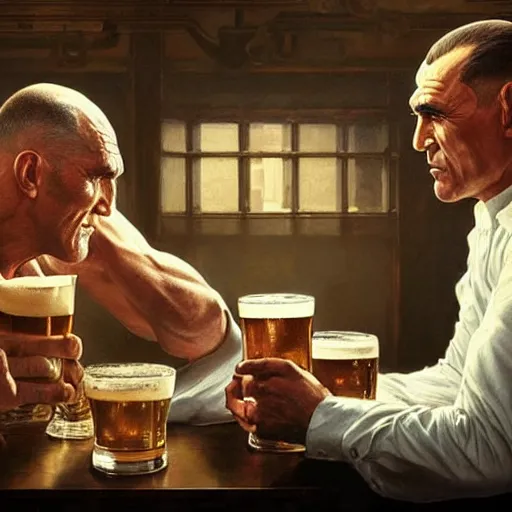 Prompt: vinnie jones and ghandi drinking beer in a pub, real life skin, intricate, elegant, highly detailed, artstation, concept art, smooth, sharp focus, art by artgerm and greg rutkowski and alphonse mucha