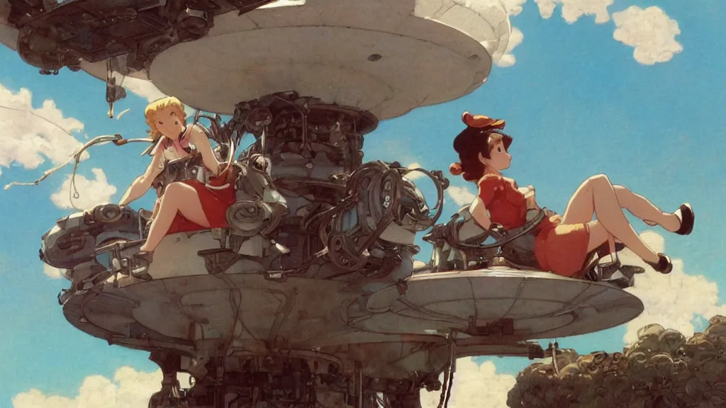 Prompt: a film still of a 1 9 5 0's mechanic anime girl sitting on top of flying ufo, finely detailed features, full body mid shot, detailed smooth face, perfect art,, trending on pixiv fanbox, painted by gaston bussiere, makoto shinkai, akihiko yoshida, gaston bussiere, craig mullins, studio ghibli