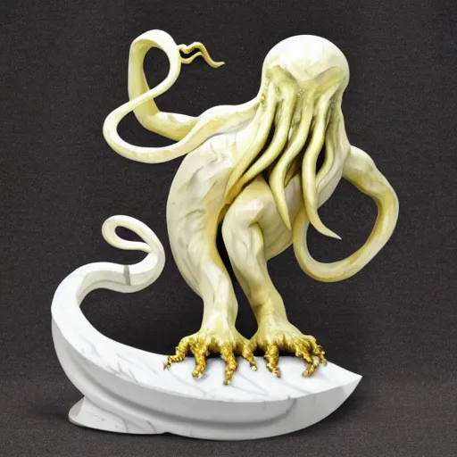 Prompt: cthulhu sculpture, white marble and gold