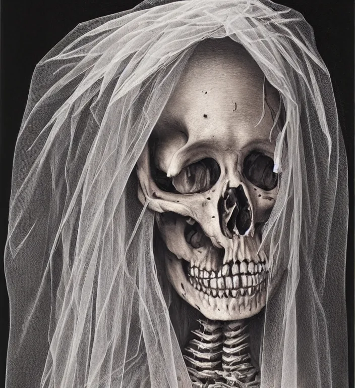 Image similar to portrait of a Bride's skeleton in veil by Laurie Lipton, high detailed, realistic,dark surrealism, hyper detailed