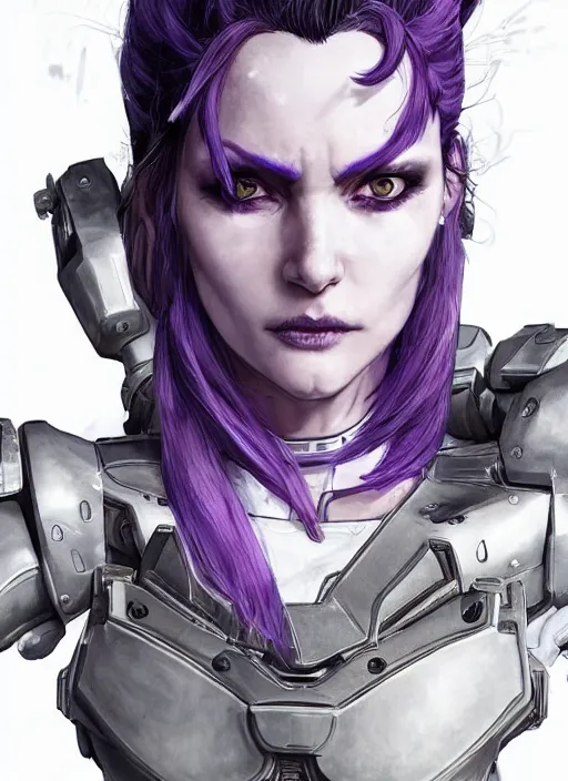 Prompt: close up portrait of a pale woman in sci - fi power armor with purple hair, powerful, domineering, stoic, masterful, eyepatch, intense, ultrafine hyperdetailed illustration by kim jung gi, irakli nadar, intricate linework, sharp focus, octopath traveler, yoji shinkawa, highly rendered, detailed, concept art