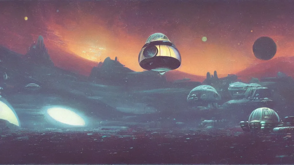 Image similar to eerie atmospheric alien planet with a small dropship pod landing by paul lehr and jack gaughan and john schoenherr, epic cinematic matte painting