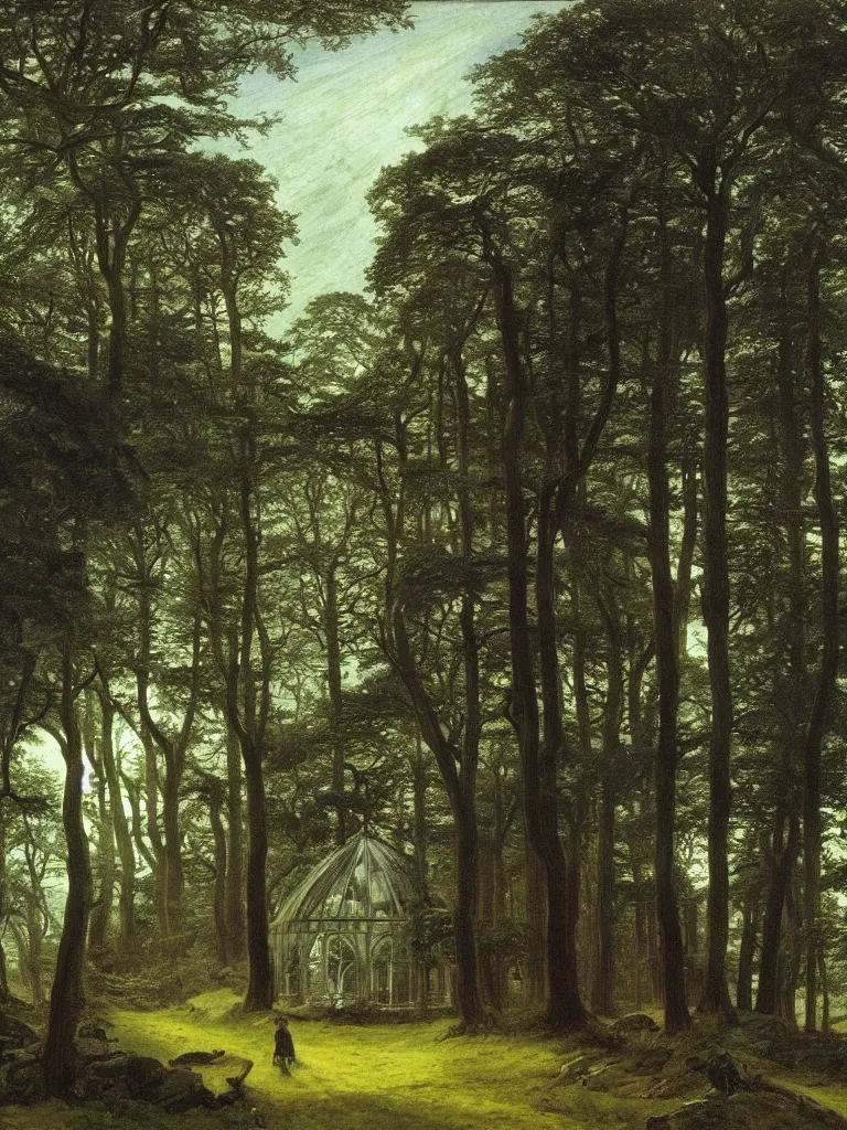 Image similar to A narrative realism painting of a Victorian Gothic conservatory in the forest, by Caspar David Friedrich