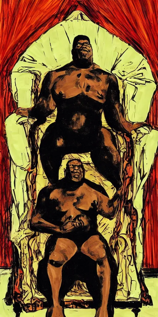 Image similar to style of frank miller, anatomically correct portrait of big black man sitting on throne, background made of big curtains