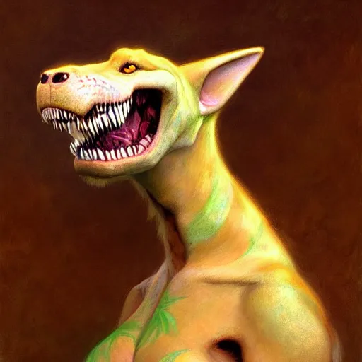 Image similar to a portrait of a beautiful female t - rex zootopia fursona furaffinity furry art detailed face painting by gaston bussiere craig mullins jc leyendecker gustav klimt artgerm greg rutkowski furry