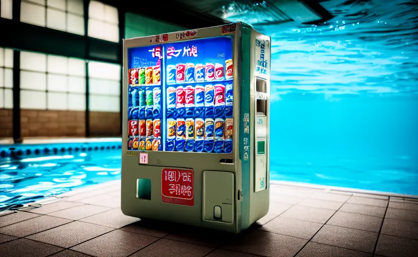 Prompt: photograph of Japanese vending machine submerged in a public pool, one point perspective, 1-point perspective, tilt shift, sigma 85mm f/1.4, 4k, depth of field, high resolution, 4k, 8k, hd, full color