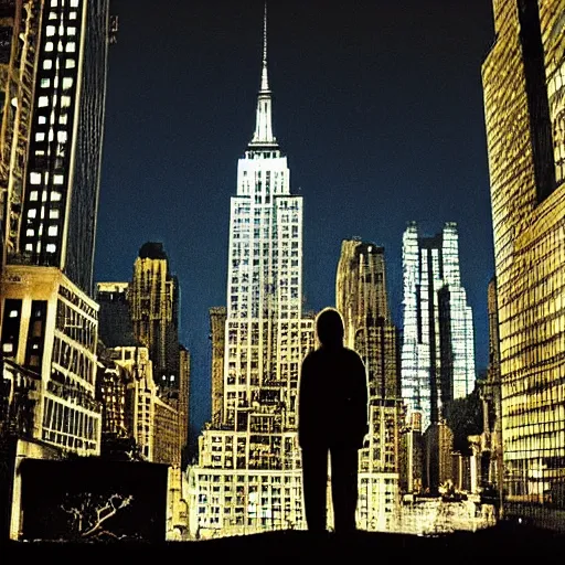 Prompt: gollum taller than the buildings in new york, by peter jackson, photographic still, intense, at night