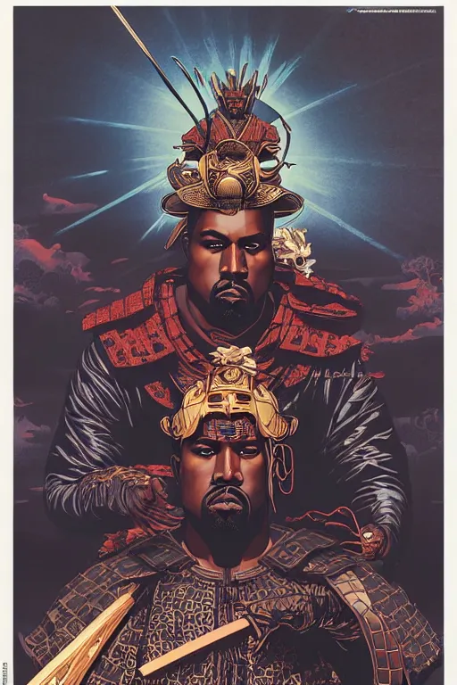 Prompt: poster of kanye west as a samurai, by yoichi hatakenaka, masamune shirow, josan gonzales and dan mumford, ayami kojima, takato yamamoto, barclay shaw, karol bak, yukito kishiro, highly detailed