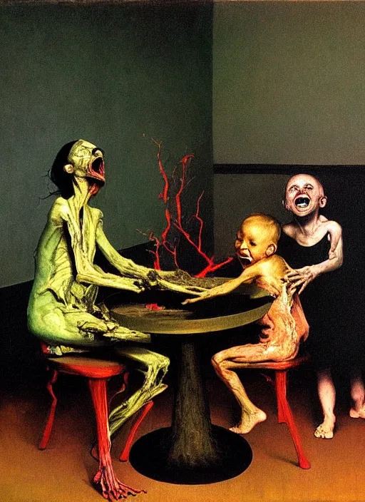 Prompt: two dark figures laughing and a glowing child inside a decayed contemporary living room with large tree in the style of Francis Bacon and Zdzislaw Beksinski, Edward Hopper and Norman Rockwell, highly detailed, very coherent, triadic color scheme