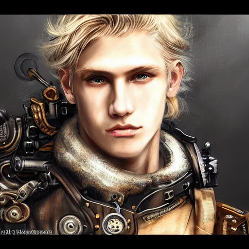 Image similar to portrait of a man by ayami kojima, norwegian, he is about 2 0 years old, blond short hair, tall and strong, older brother vibes, he is wearing a steampunk tactical gear, highly detailed portrait, digital painting, artstation, concept art, smooth, sharp foccus ilustration, artstation hq