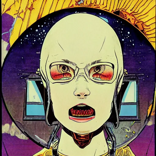 Image similar to portrait of female demon naraka astronaut painted in miyazaki color style drawn by katsuhiro otomo and takato yamamoto, high detail, intricate linework, sharp, smooth face, china doll face, high detail, manga and anime