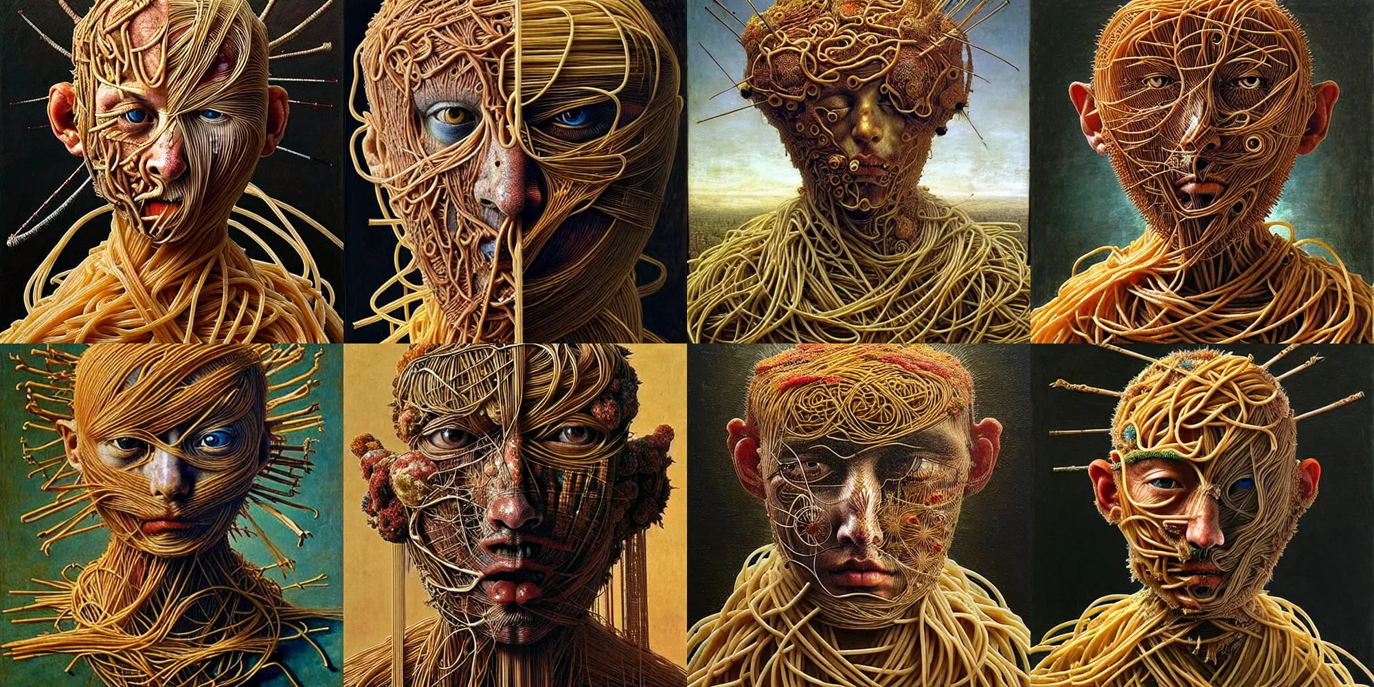 Prompt: half boy half rhibo made of spaghetti, intricate armor made of spaghetti fractals, ancient warrior, samurai style, zoomed out, by giuseppe arcimboldo and ambrosius benson, renaissance, intricate and intense oil paint, a touch of beksinski, realistic