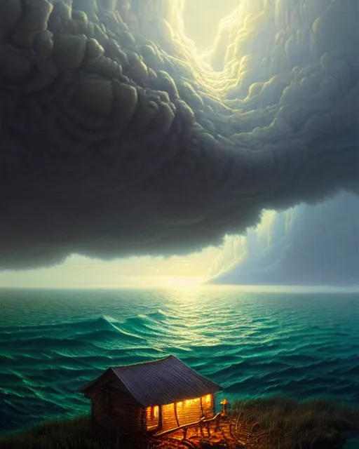 Image similar to a hyper - detailed 3 d render like an oil painting of cabin dreaming of the untamed ocean!!!!! surreal concept art, lifelike, photorealistic, digital painting, aesthetic, smooth, sharp focus, artstation hd, by greg rutkowski, bruce pennington, valentina remenar, rhads, asher duran,