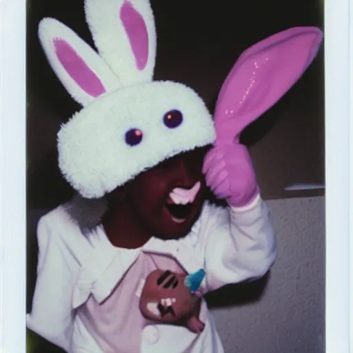 Prompt: candid 1988 polaroid photo of a terrifying easter bunny upsetting a child