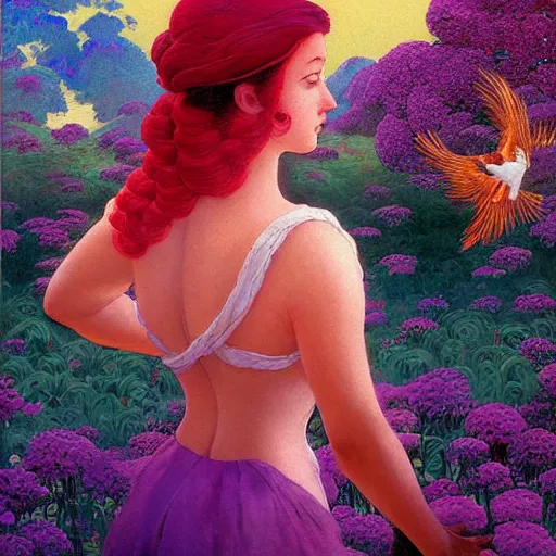 Prompt: A beautiful painting of a woman is shown from behind, her body slightly blurred as if in motion. Her long hair cascades down her back, and she is holding a small bird in her hand. full of color by Hikari Shimoda, by Maxfield Parrish, by Siya Oum rendered in octane