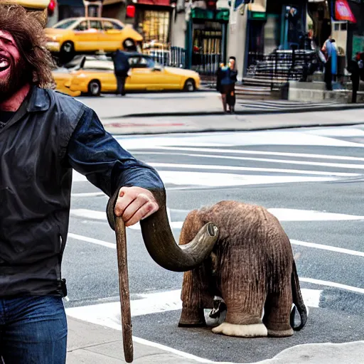 Image similar to Caveman laughing while hunting mammoth in the streets of New York