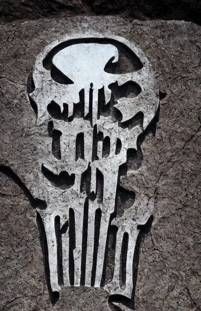 Prompt: punisher symbol carved deeply into stone edifice luminous smoke and light rays.