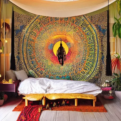 Prompt: bohemian bedroom many tapestries and artifacts magic lanterns fairy vibe king sized bed yoga mat tatami mats prayer cove cozy candlelight