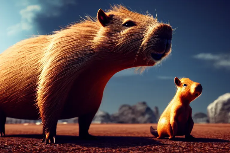 Prompt: a small capybara sits in front of a huge dragon that growls at it, ray tracing, octane render, digital art, realistic, high quality, 8 k