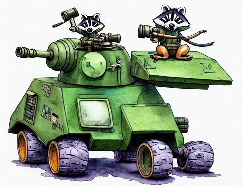 Image similar to cute and funny, racoon wearing army helmet riding in a tiny tank with large cannon, ratfink style by ed roth, centered award winning watercolor pen illustration, isometric illustration by chihiro iwasaki, edited by range murata