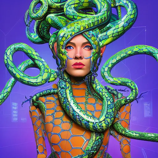 Prompt: a robotic gorgon with snakes on her head, vibrant lighting, elegant, highly detailed, smooth, sharp focus, illustration, beautiful, geometric, trending on artstation, full body, cinematic, artwork by borovikovsky