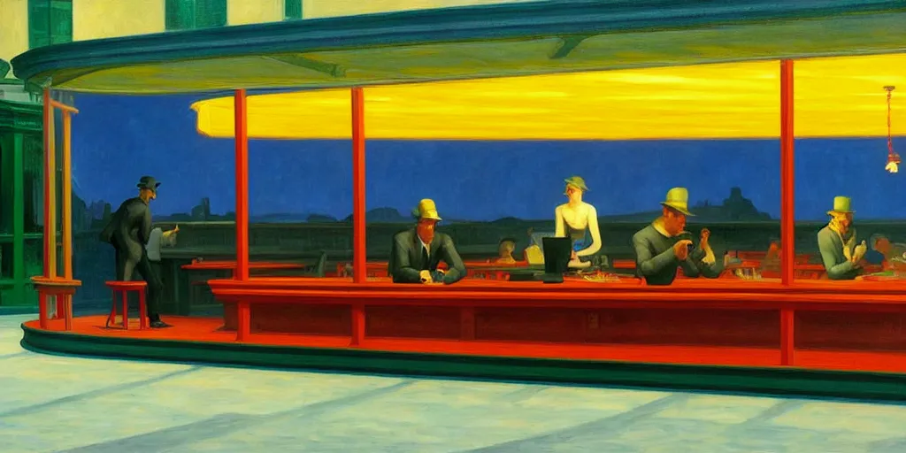 Image similar to painting nighthawks by edward hopper with jim carrey