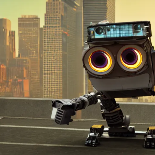 Prompt: wall - e dancing at a pearl jam concert in new york city. cinematic 8 k, depth of field, pixar.